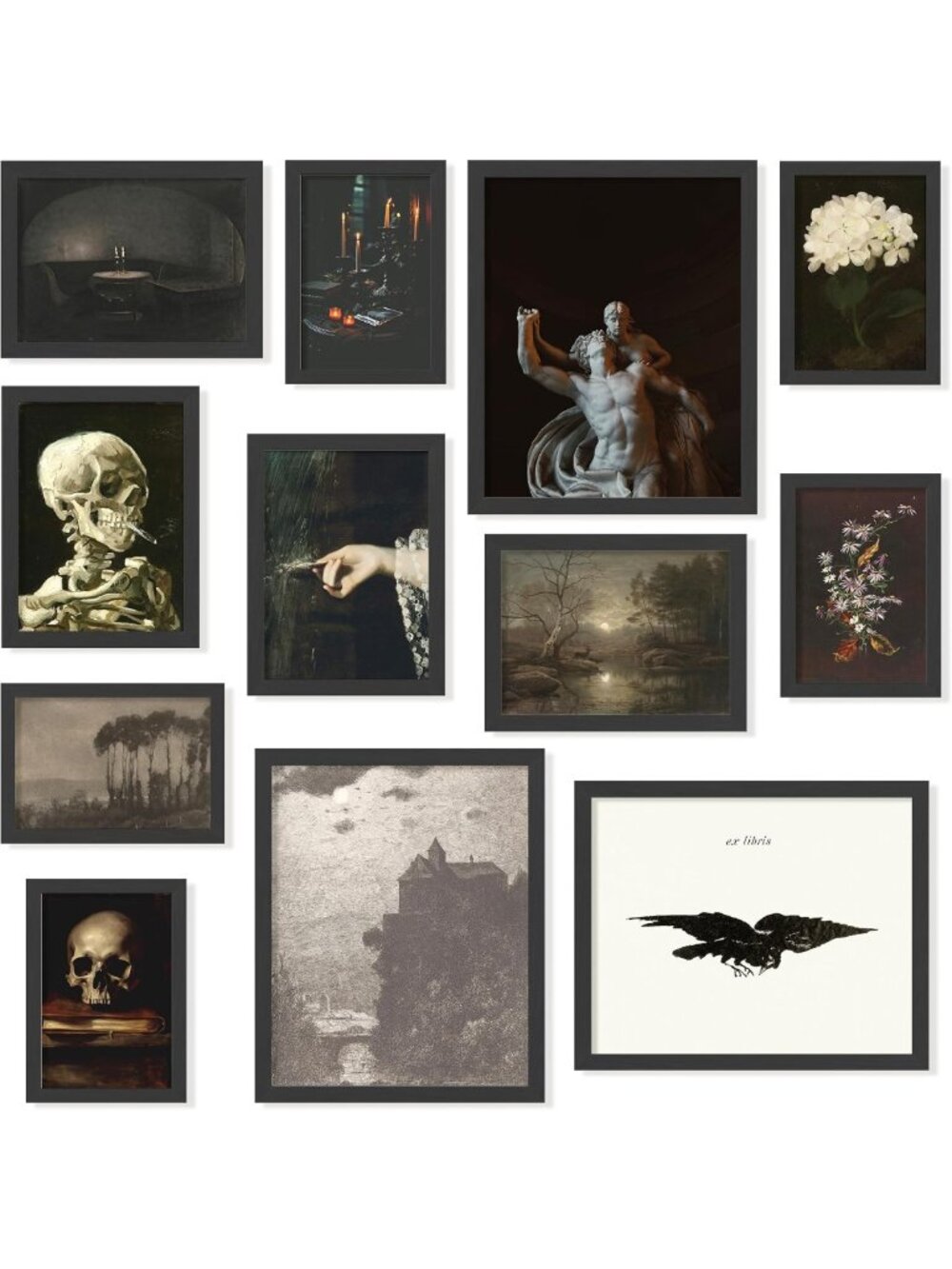 Gothic Wall Art Set - 12 Dark Academia Prints in Black Frame for Home Decor